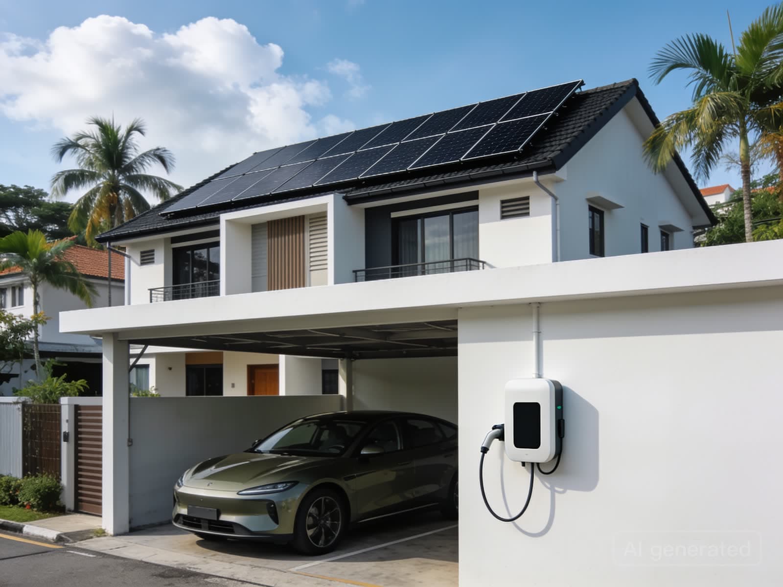 Landed house with an all-black solar array on the roof and a wall charger in its car porch