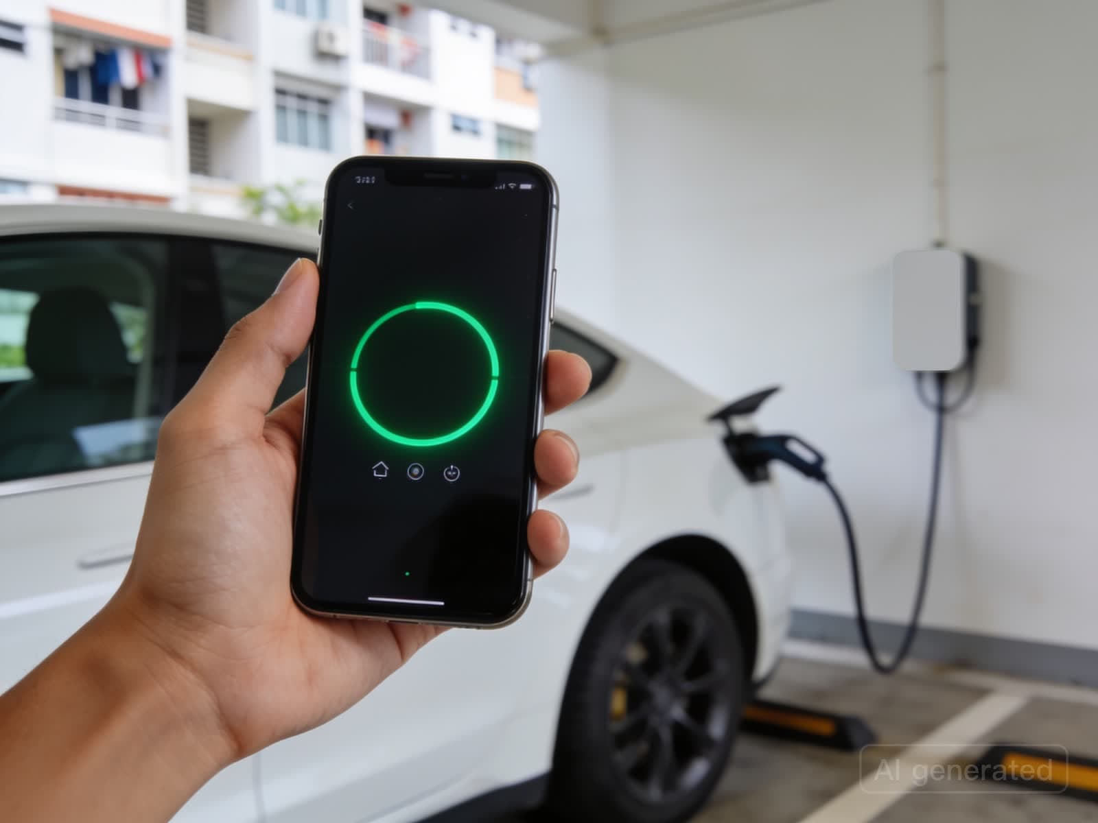 Hand holding a phone showing a charging progress ring in front of an electric car plugged in