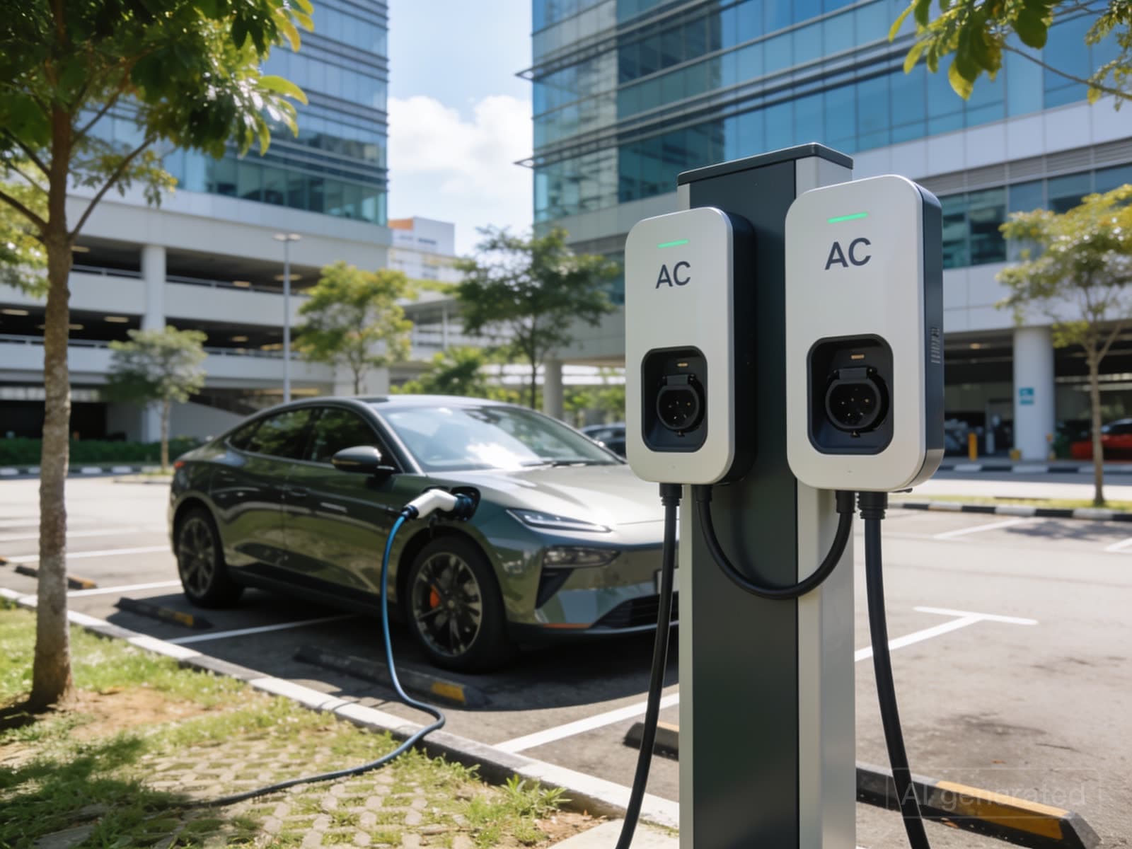 AC EV charging pedestal in an office car park with an electric car plugged in