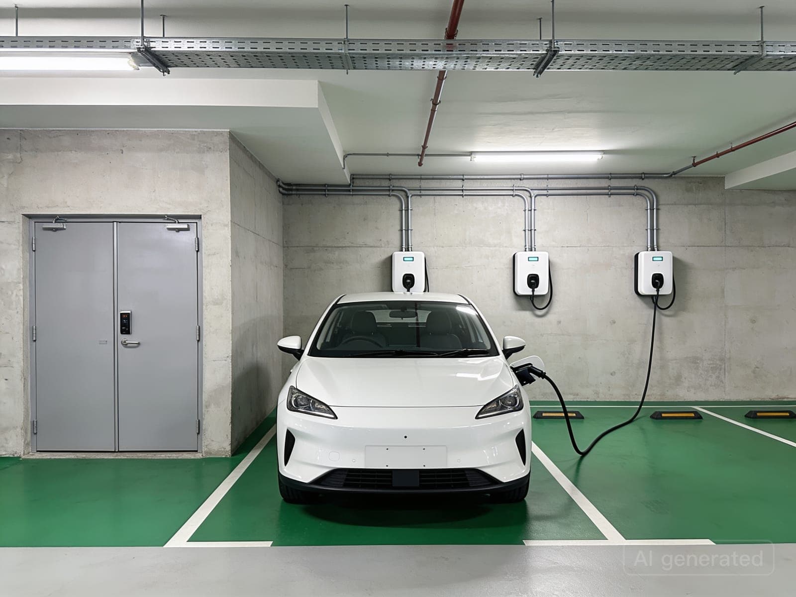 Condominium basement car park with a grey switch room door, a cable tray along the ceiling and three white wall chargers above green EV lots, one charging a white car