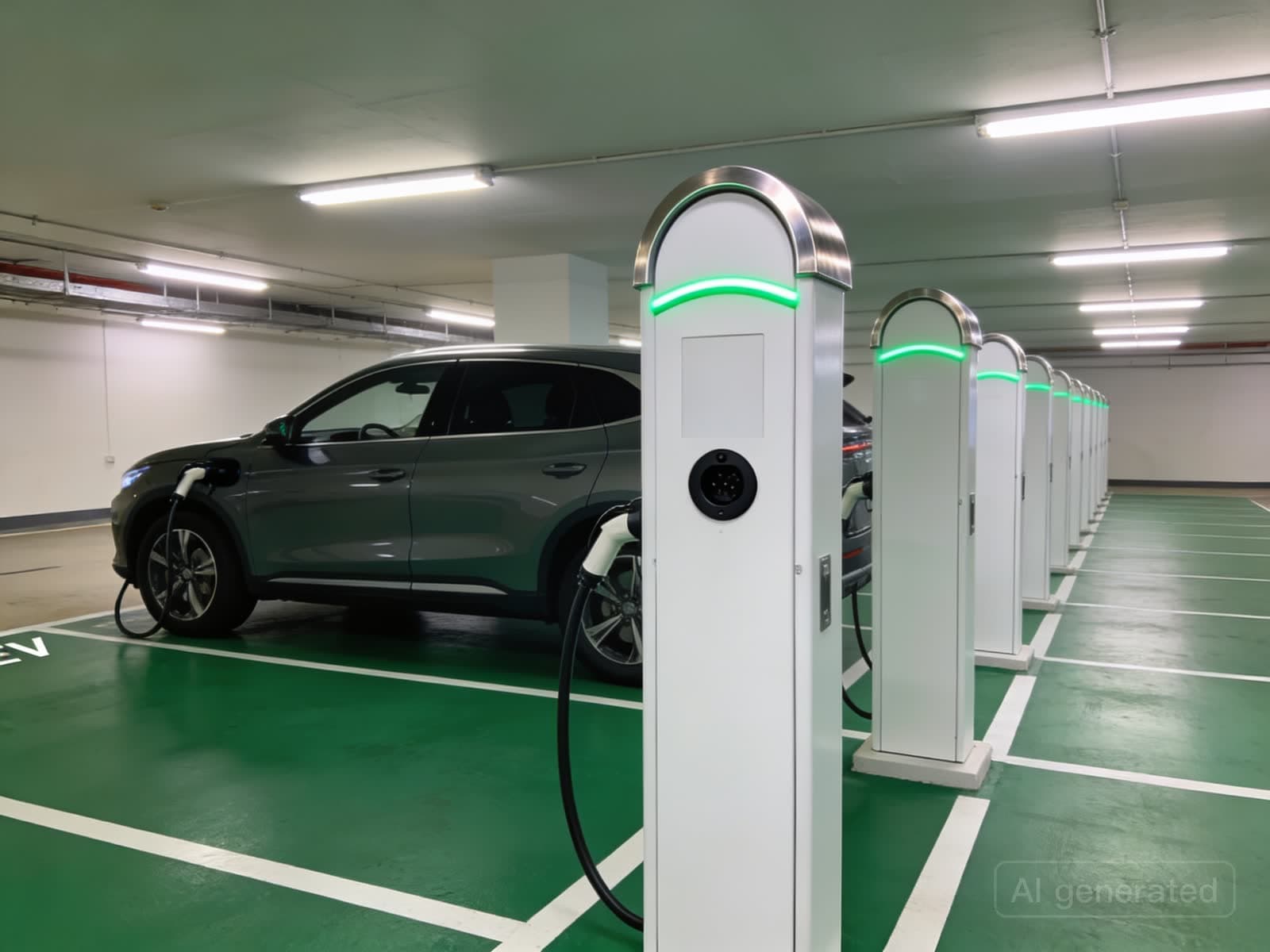 Row of slim charging pedestals with green light arcs along EV bays in a condominium basement car park