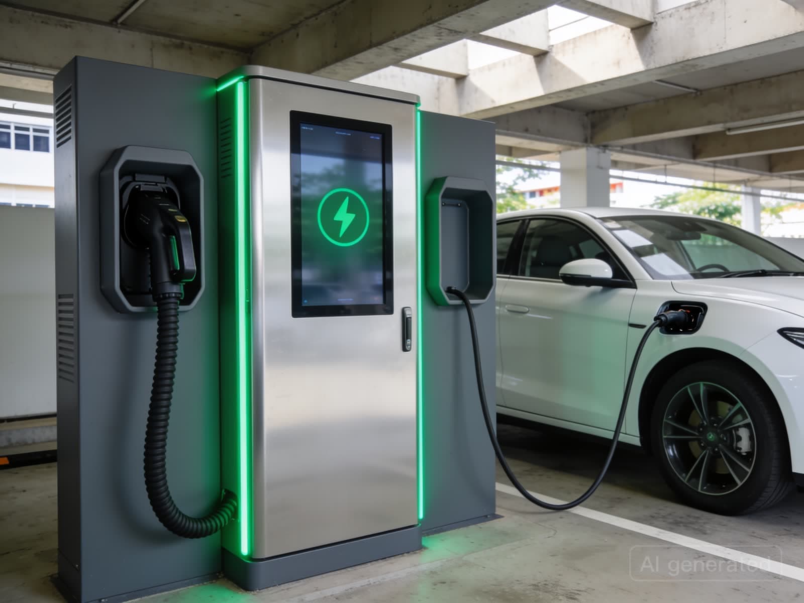 Floor-standing DC fast charger with a touchscreen and two cables, one plugged into a white electric car