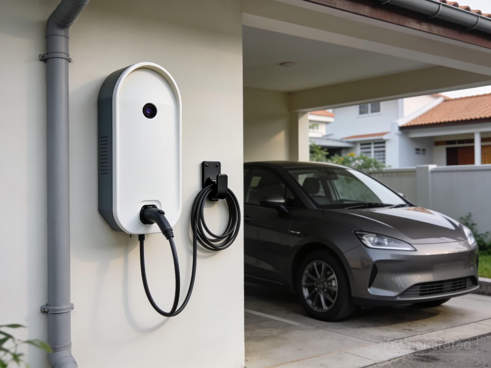 White arch-topped wall charger with a round socket mounted in a semi-detached house car porch