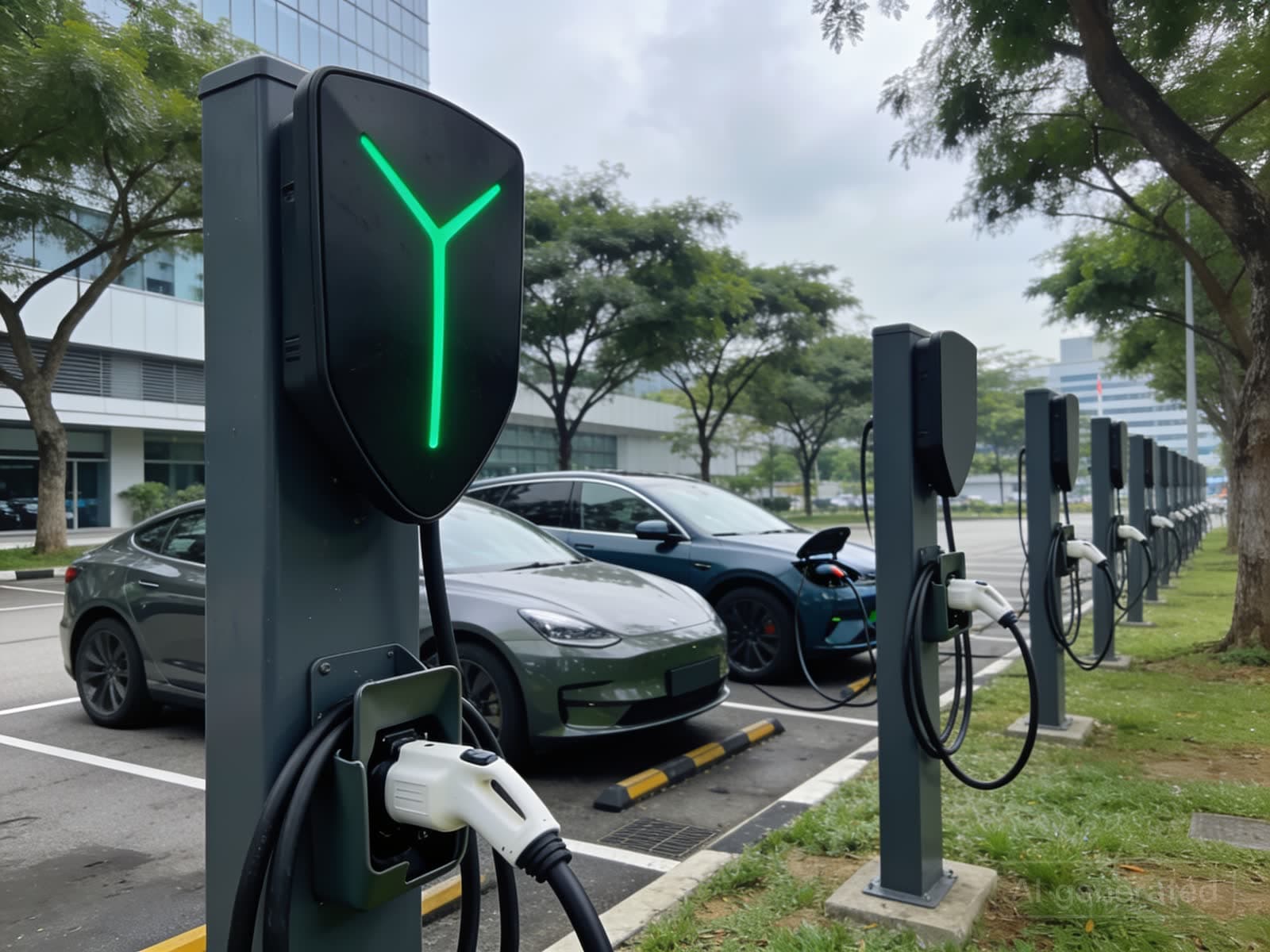 Row of black pole-mounted AC chargers with cables in holsters along an open-air office car park