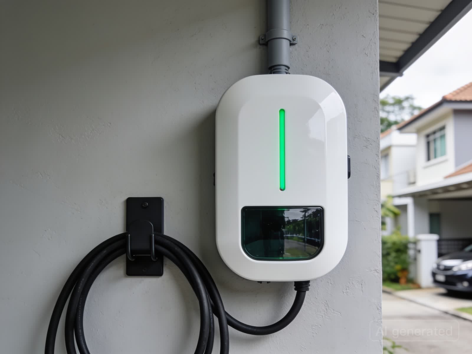 Close-up of a compact white home wall charger with a green status light and its tethered cable