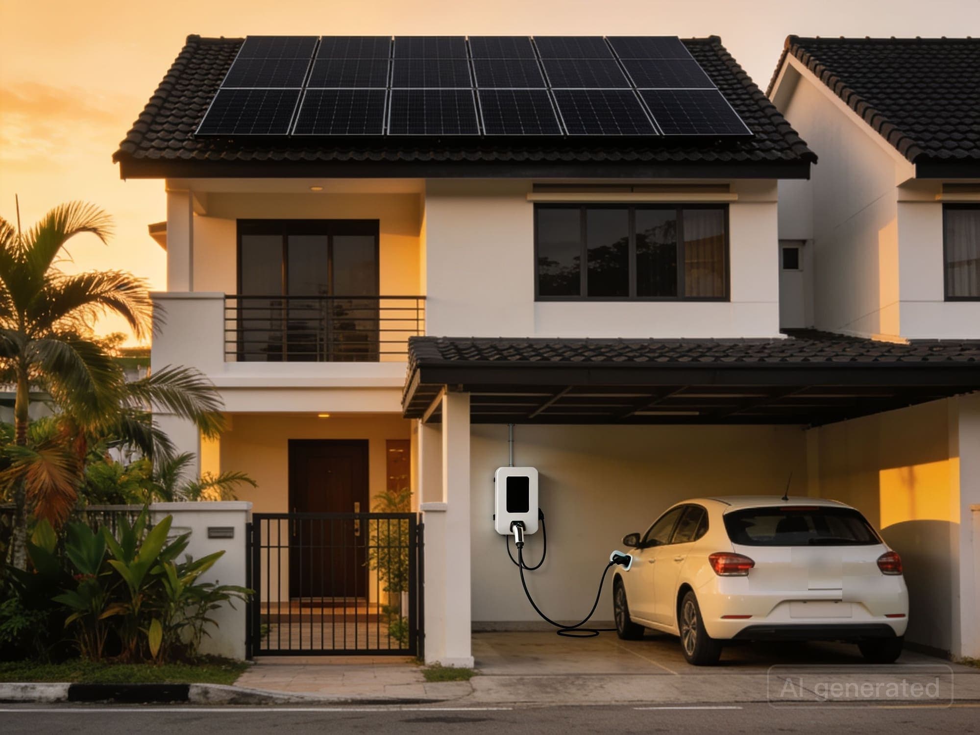 Two-storey landed house at sunset with all-black solar panels on its tiled roof and a white wall charger in the car porch charging a white hatchback