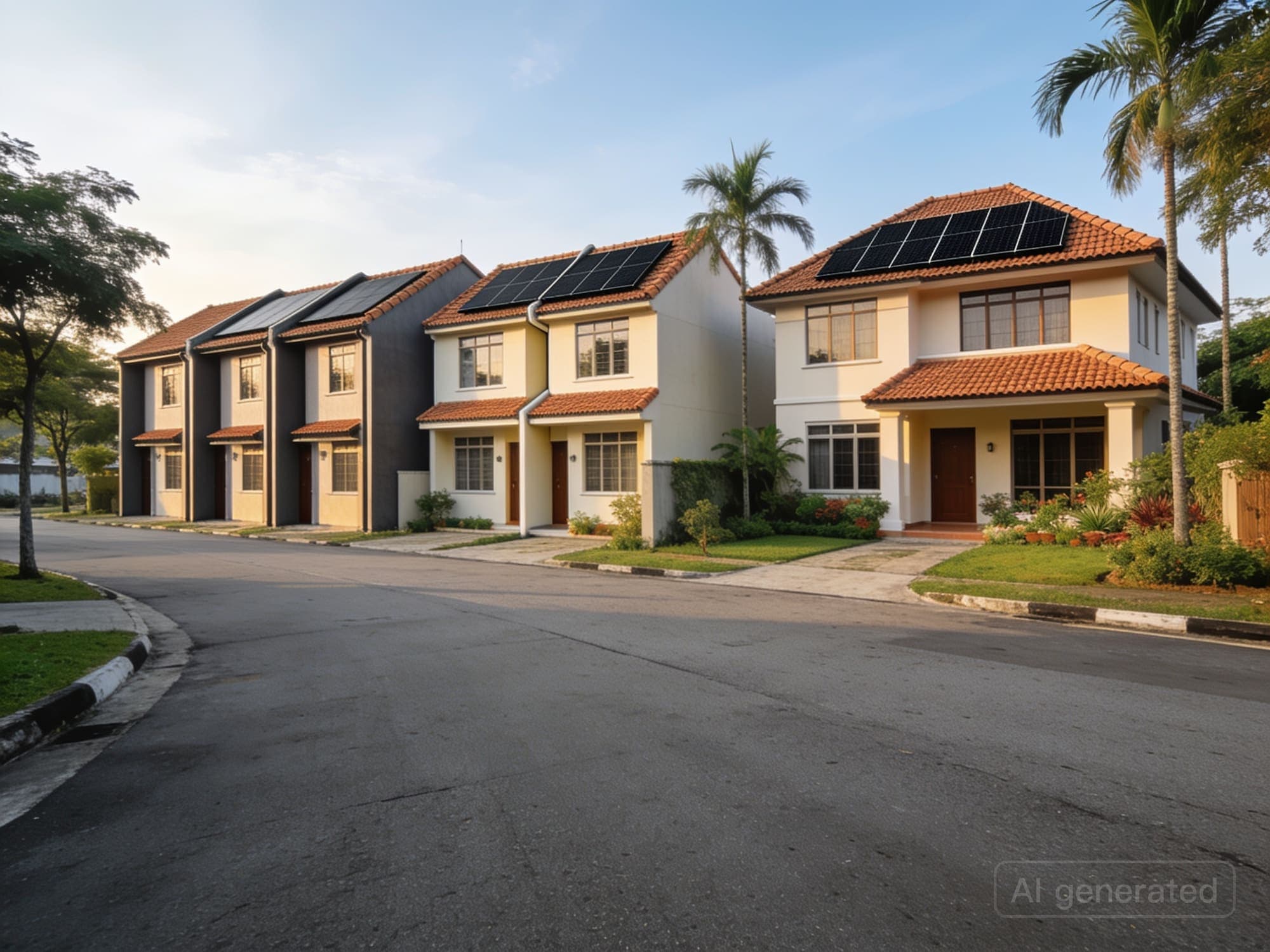 Street of landed homes with a row of terrace houses, a pair of semi-detached houses and a detached bungalow, each with black solar panels on its clay-tile roof