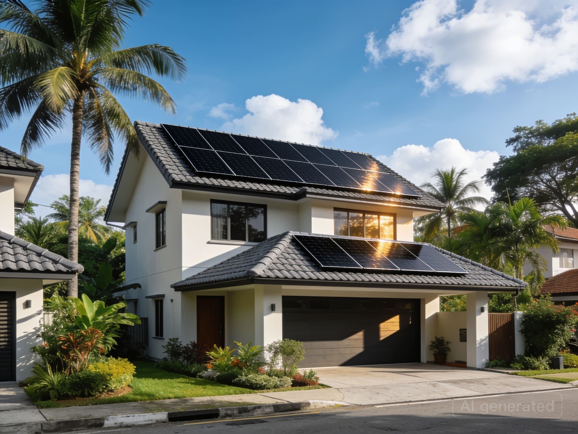 Two-storey landed house under a bright blue sky with all-black solar panels on its tiled roofs, palm trees and a front garden