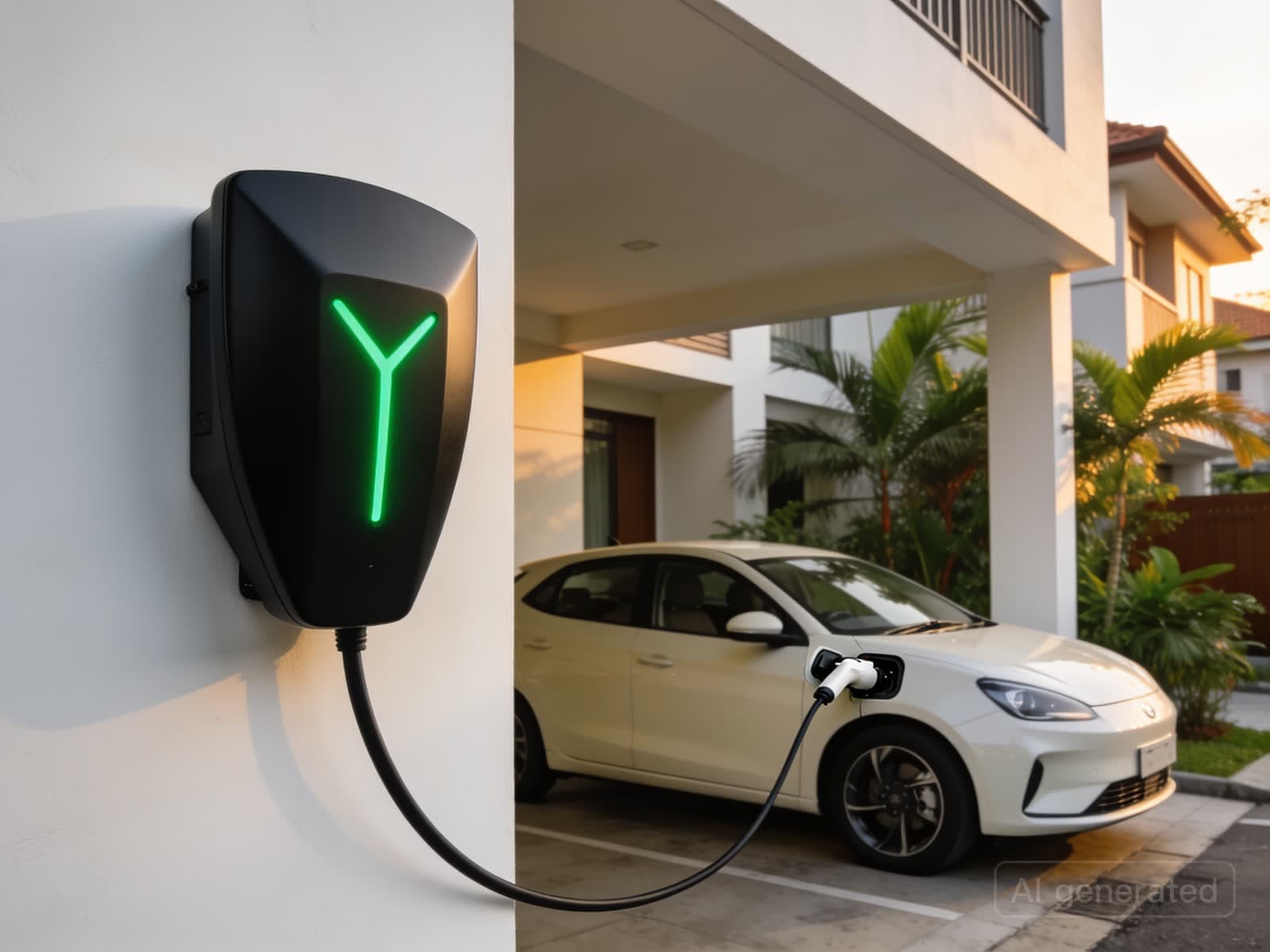 Black shield-shaped wall charger with a green light charging a white electric car in a landed home car porch
