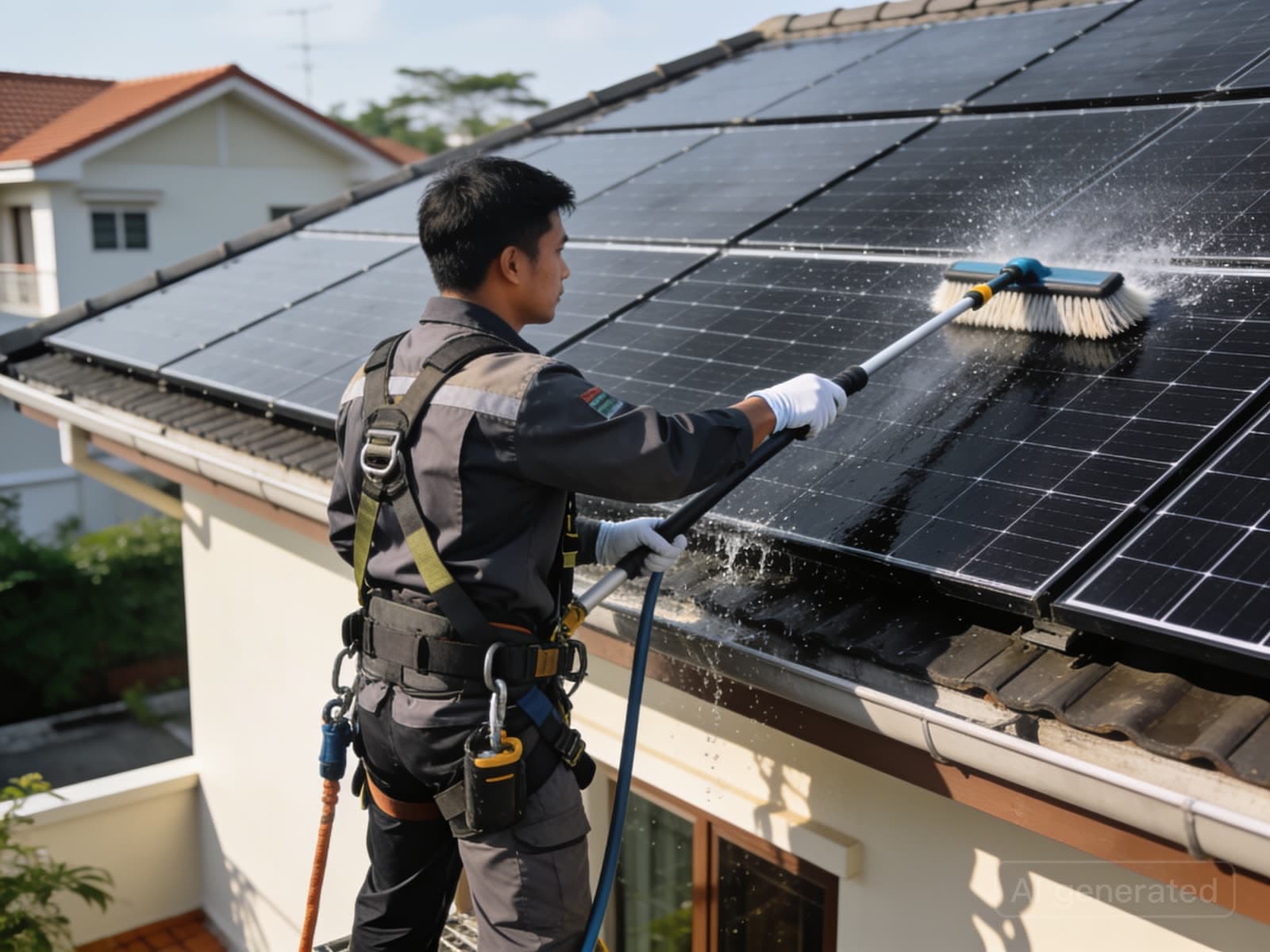 Technician cleaning rooftop solar panels with a soft brush