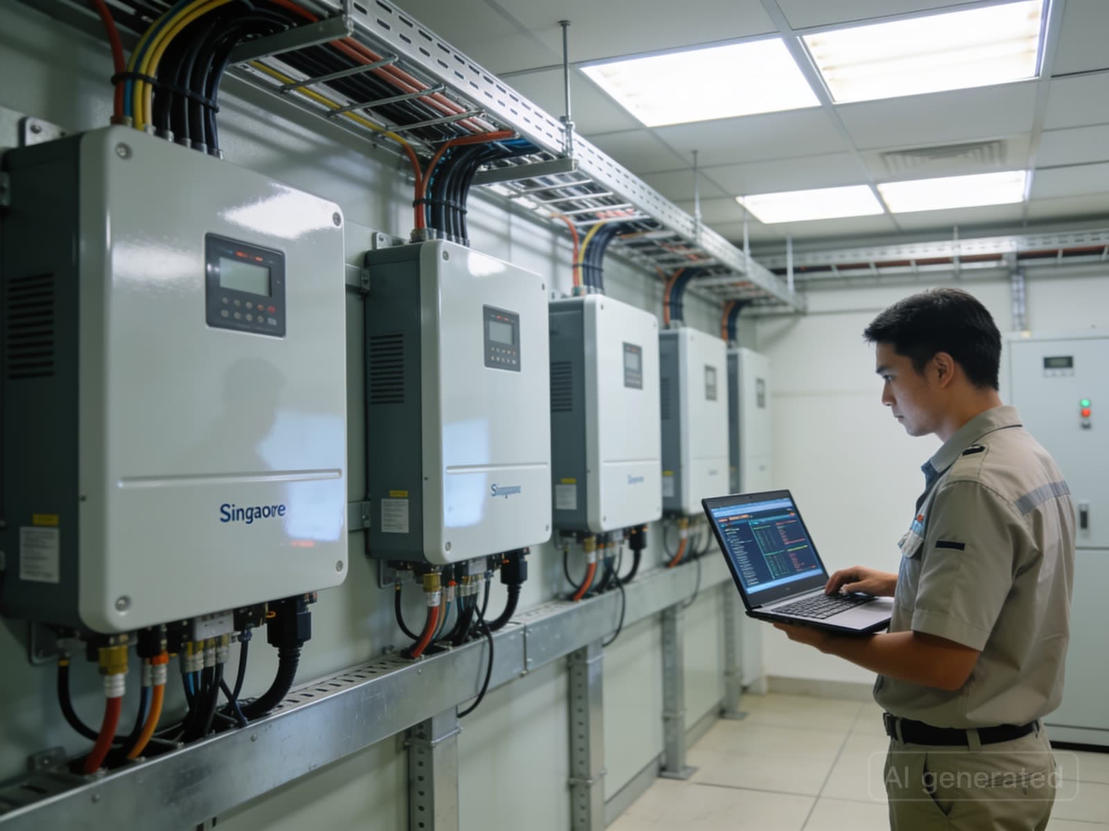Commercial inverter room with string inverters and a technician checking a dashboard