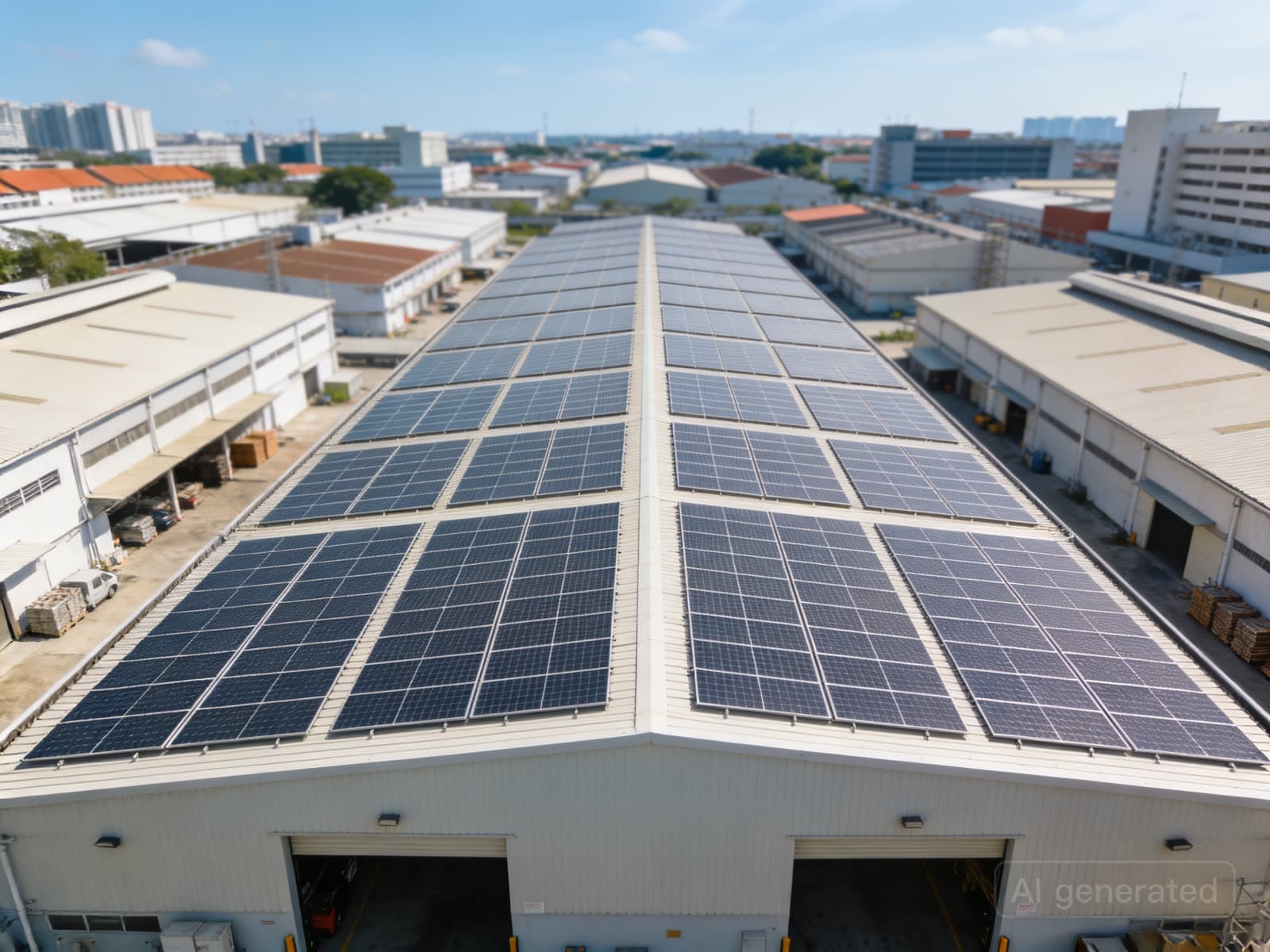 Rows of solar panels on a large warehouse rooftop in an industrial estate