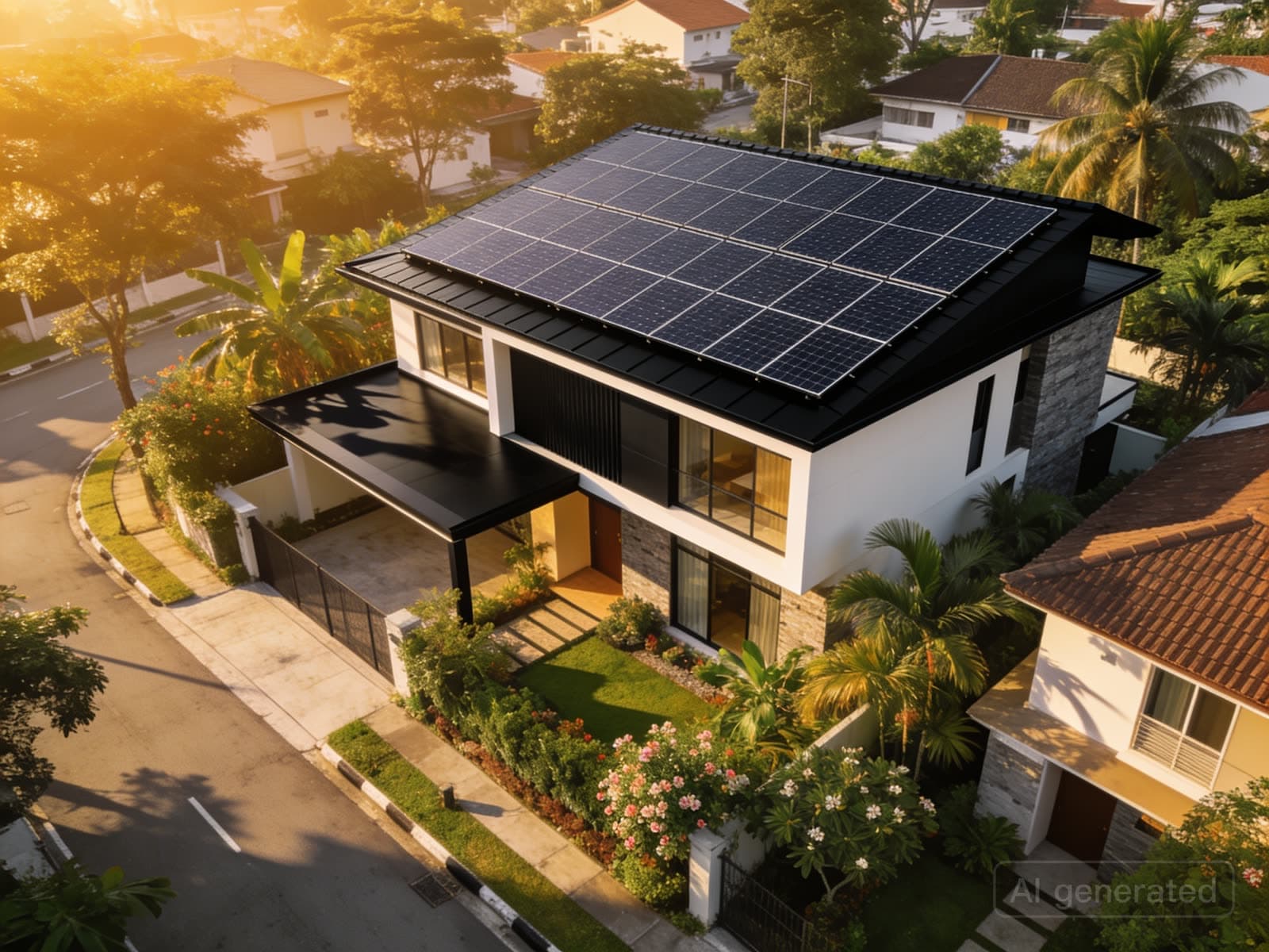 Landed home in Singapore with a completed all-black rooftop solar array