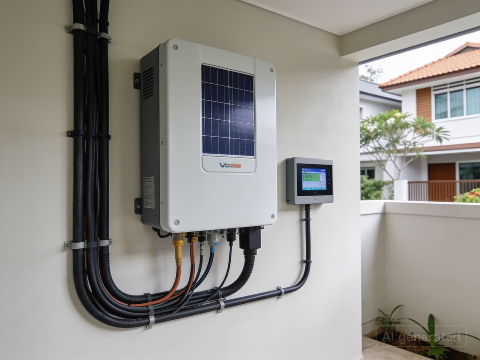Wall-mounted solar inverter and monitoring display in a landed home