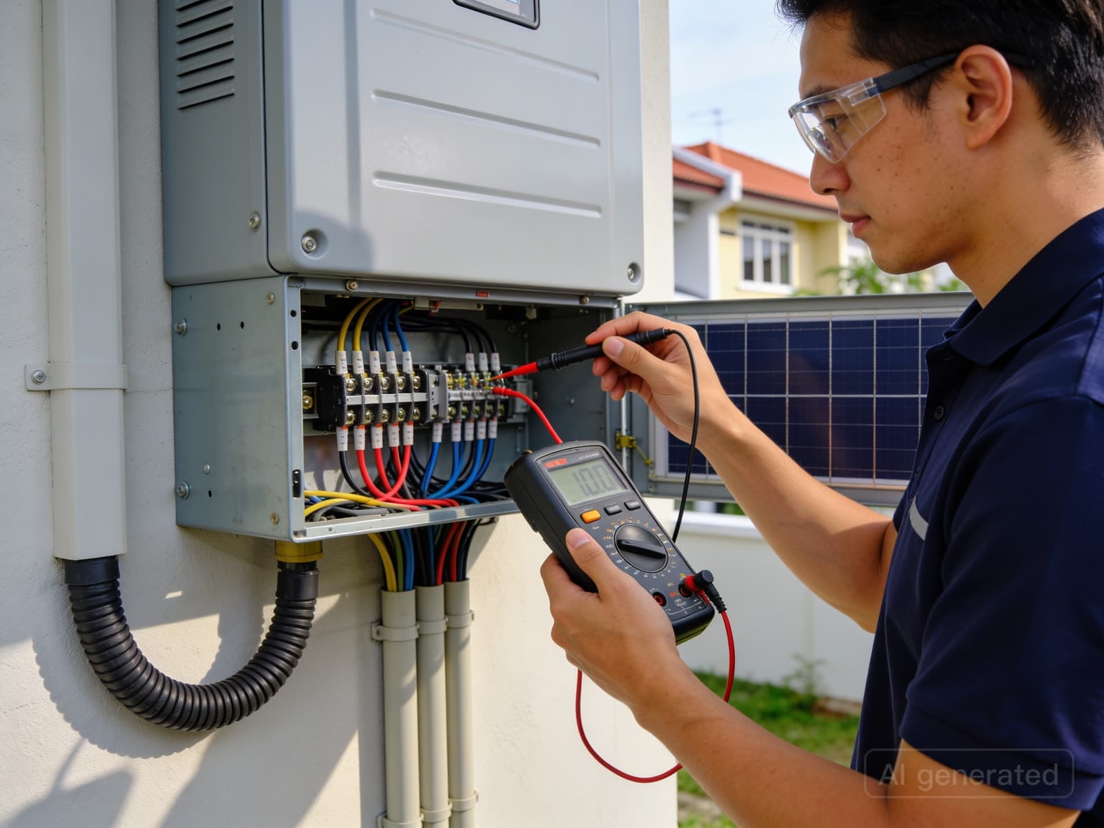 Electrician testing a solar inverter with a multimeter during commissioning