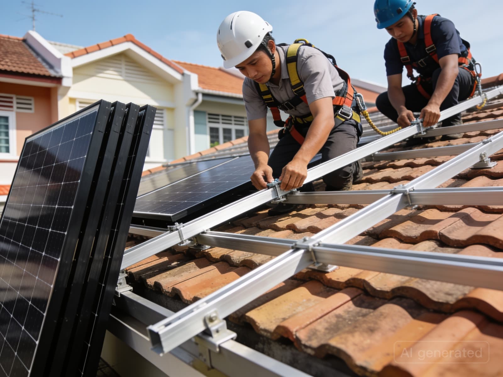 Installers fitting solar mounting rails on a semi-detached house roof