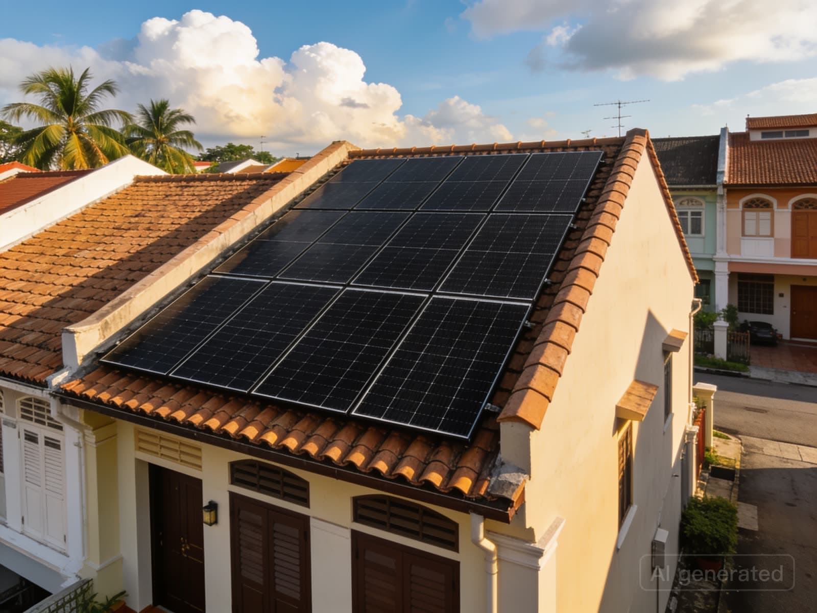 Singapore terrace house with an all-black solar panel array on its roof